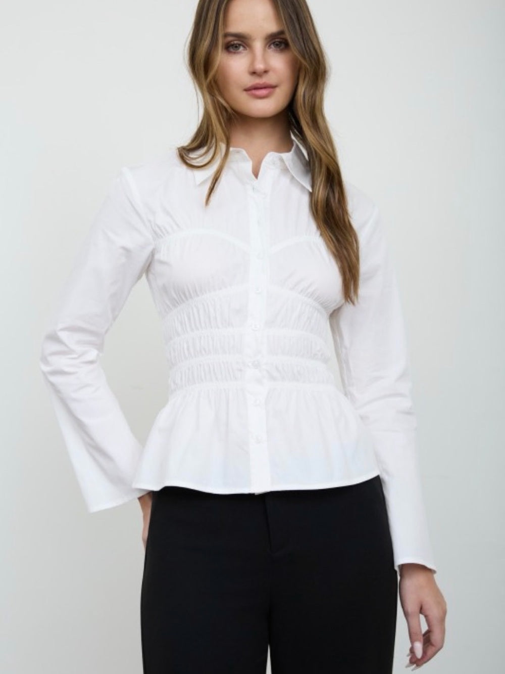 A492 White Ruched Peplum Button-Down Shirt