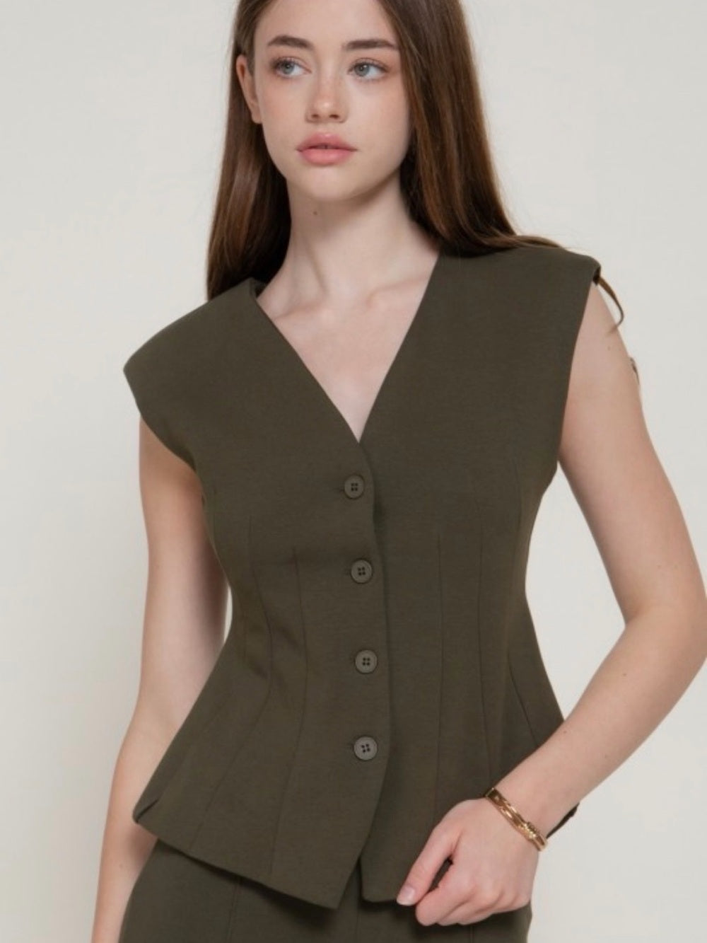 A493 Olive Cotton Scuba Contour Darted Structured Shoulder Vest