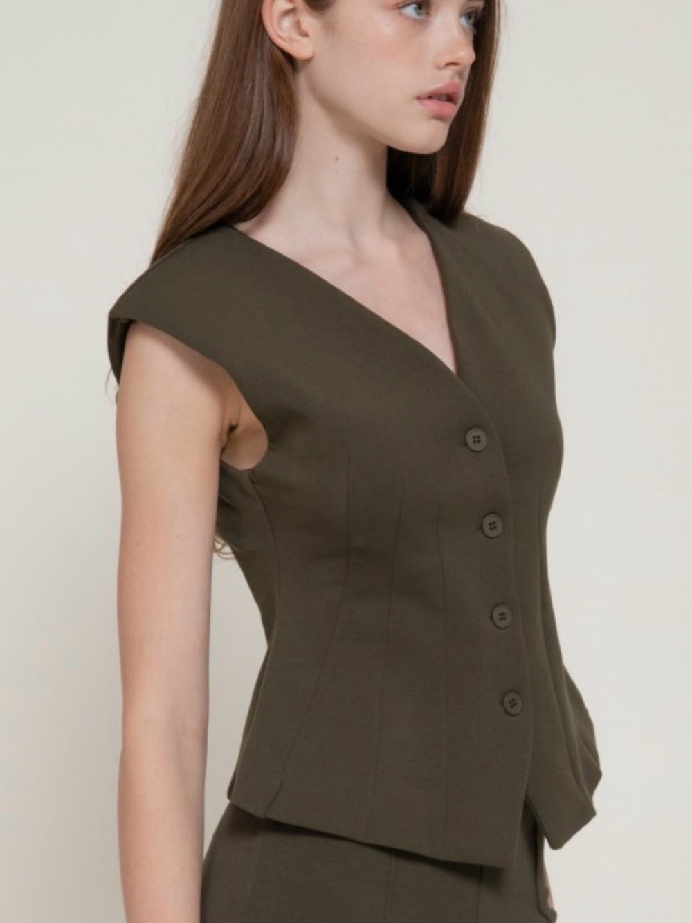 A493 Olive Cotton Scuba Contour Darted Structured Shoulder Vest