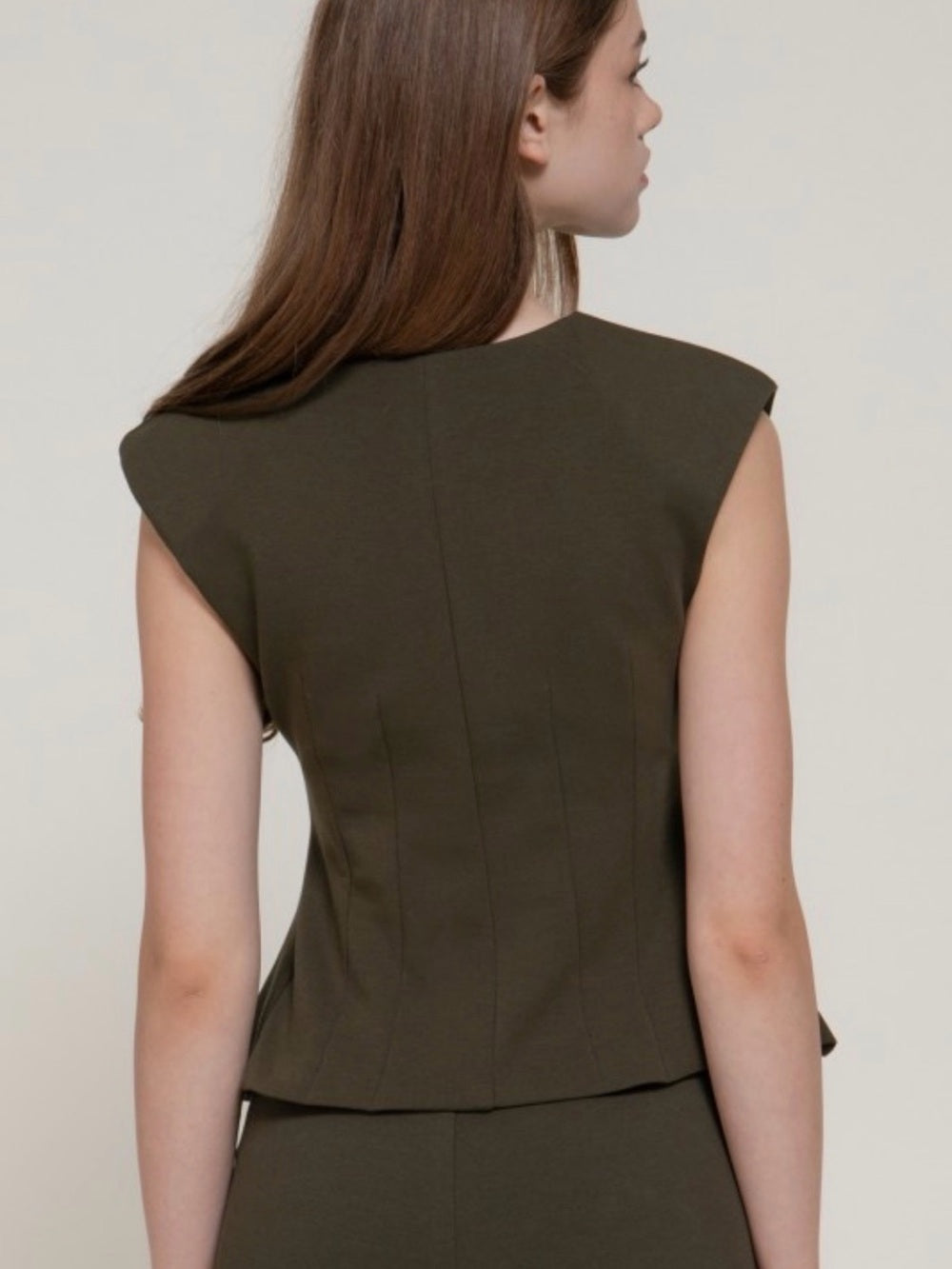A493 Olive Cotton Scuba Contour Darted Structured Shoulder Vest