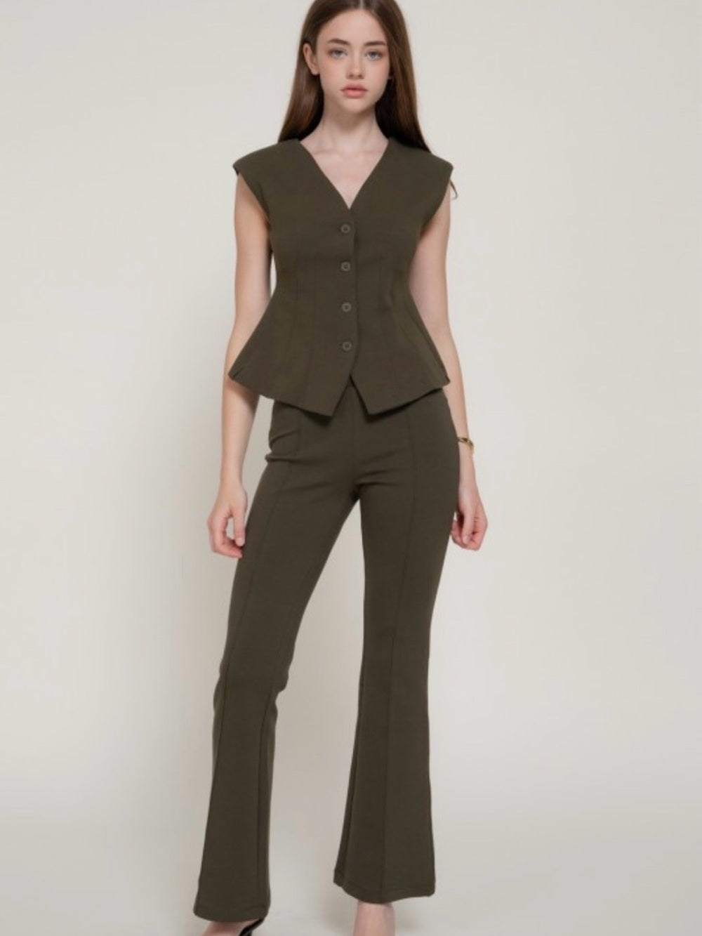 A493 Olive Cotton Scuba Contour Darted Structured Shoulder Vest