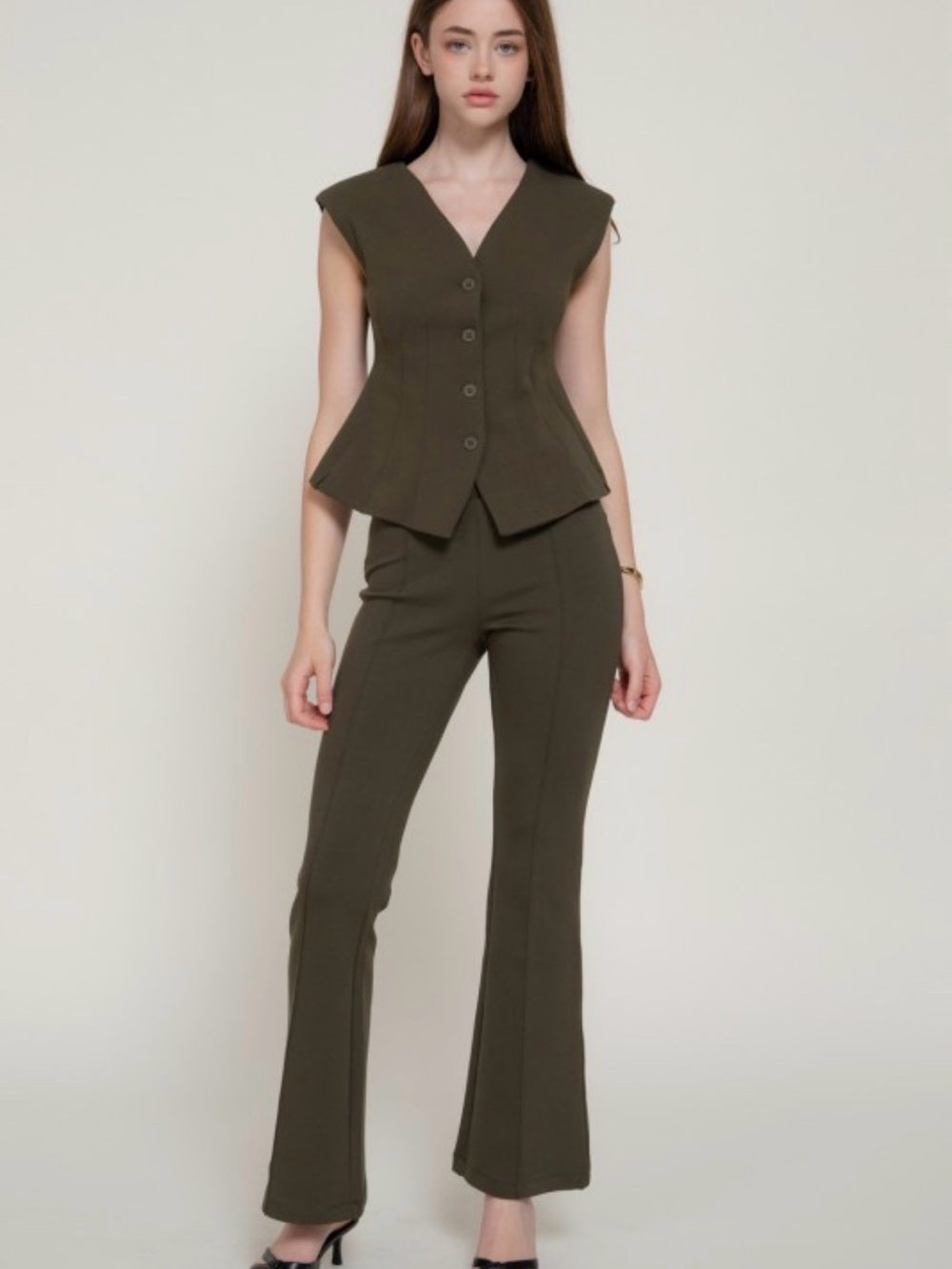 A495 Olive Green Tailored Flare Pants