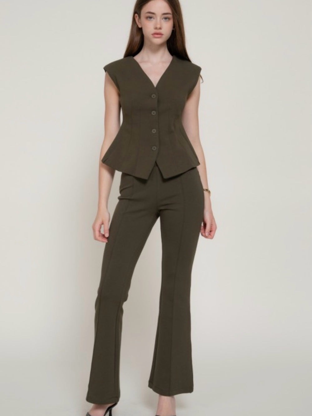 A495 Olive Green Tailored Flare Pants