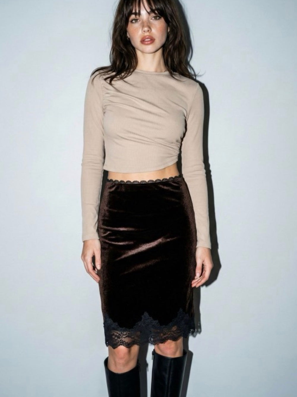 A500 Chocolate Brown and Black Satin Lace Hem Pencil Skirt