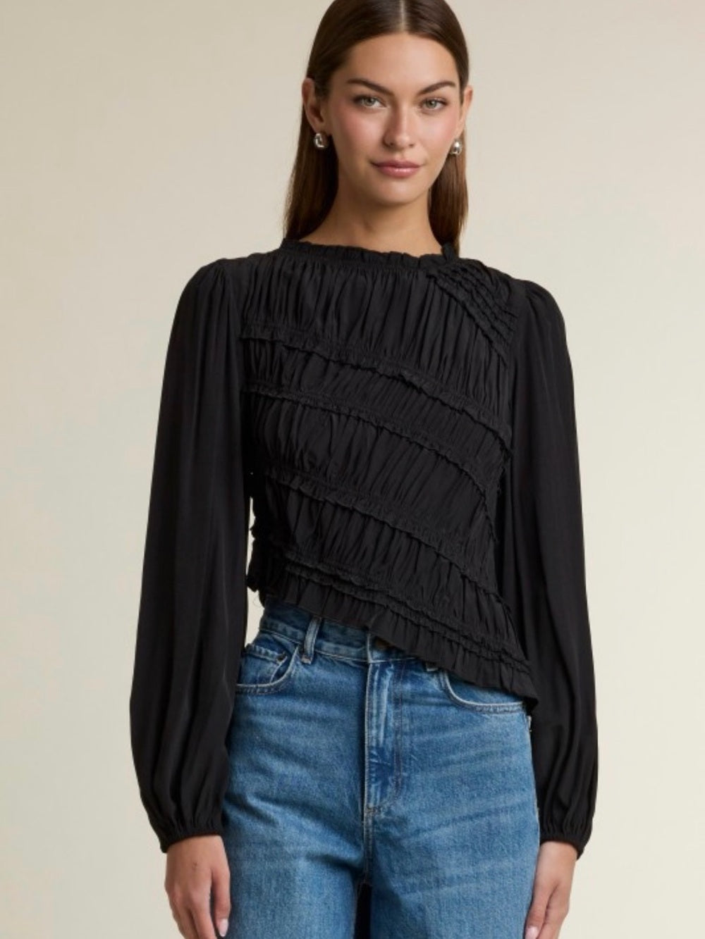 A501 Mable Black Smocked Asymmetrical Hem Long Sleeve Blouse