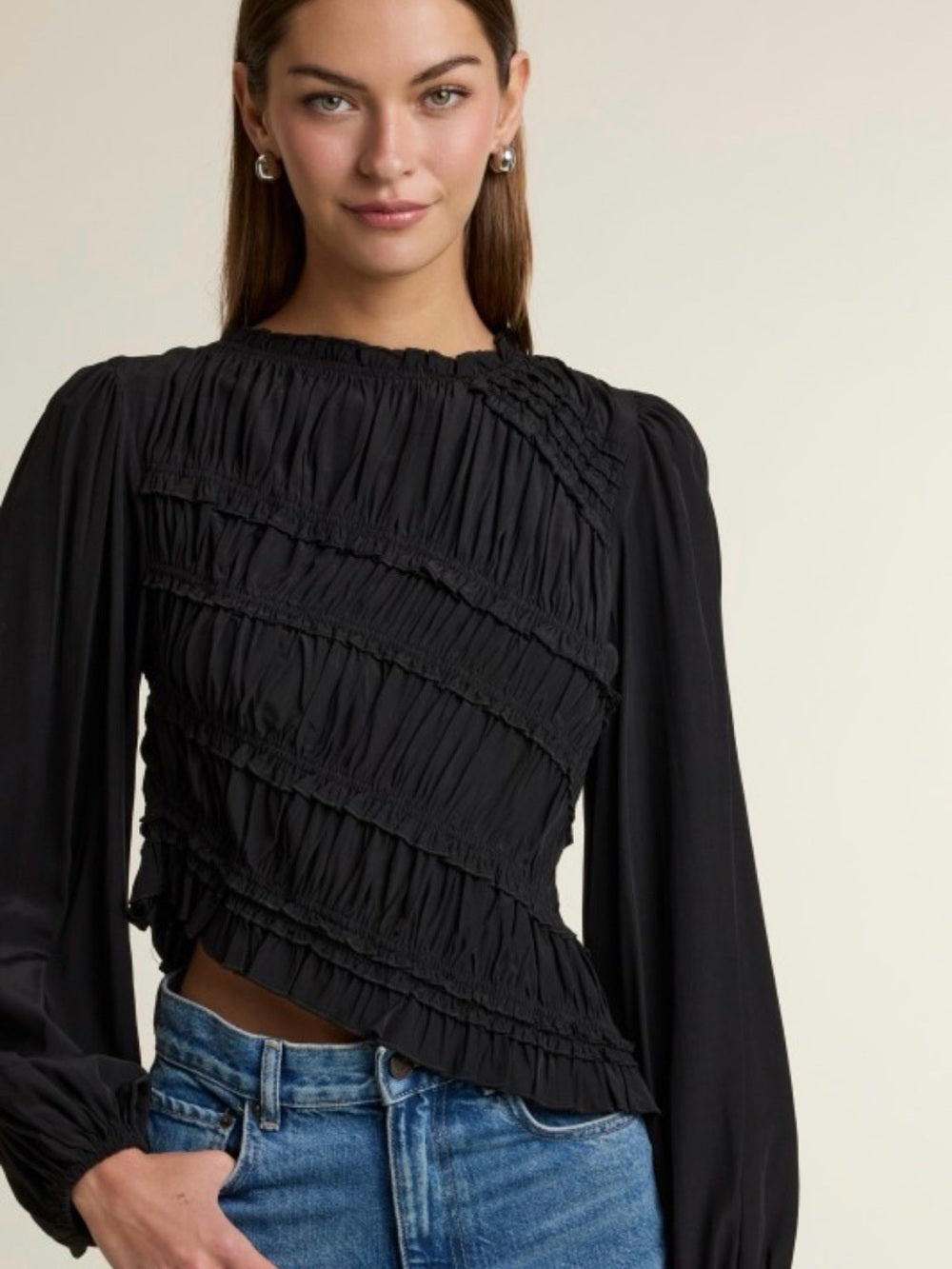 A501 Mable Black Smocked Asymmetrical Hem Long Sleeve Blouse