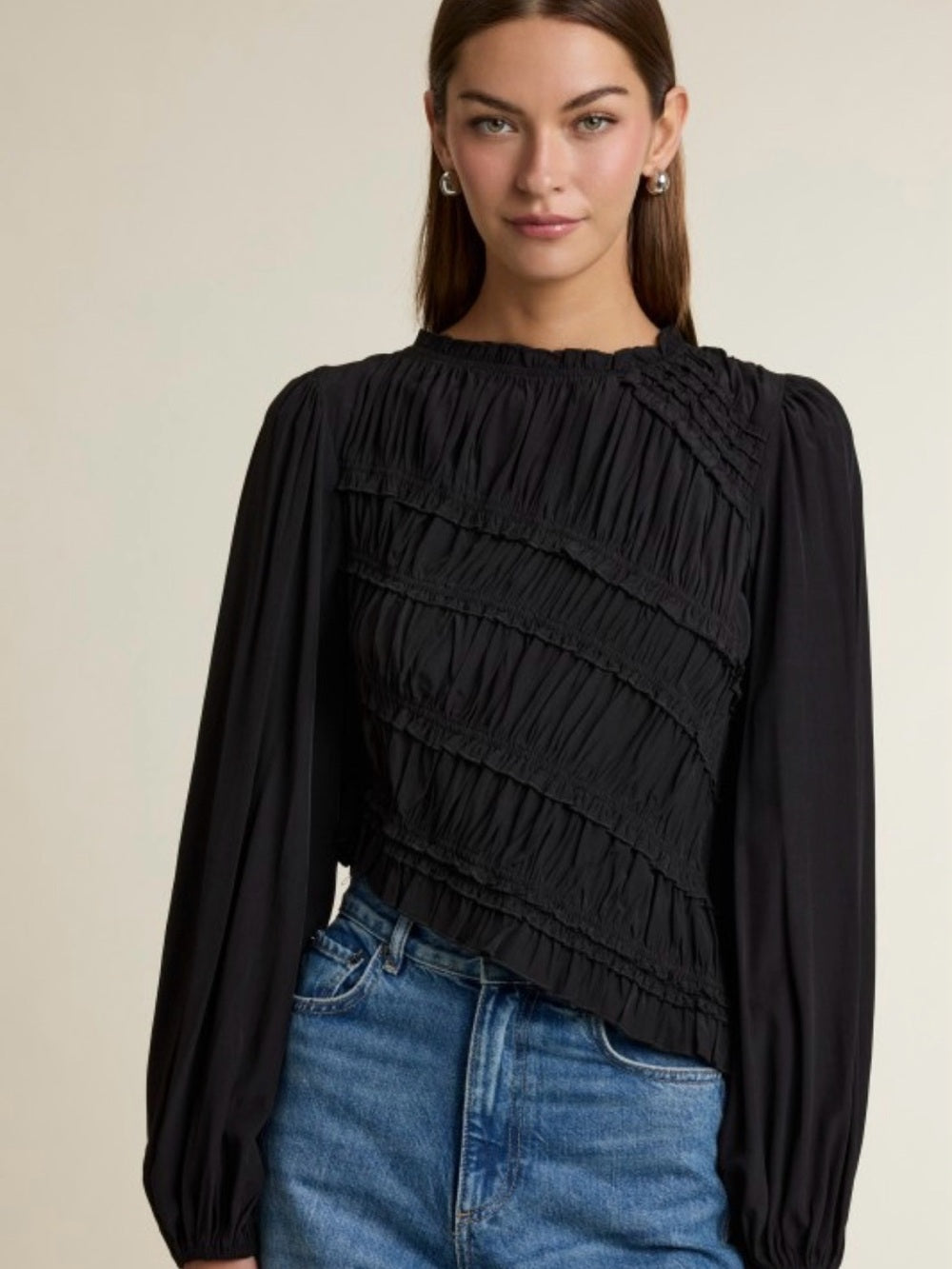 A501 Mable Black Smocked Asymmetrical Hem Long Sleeve Blouse