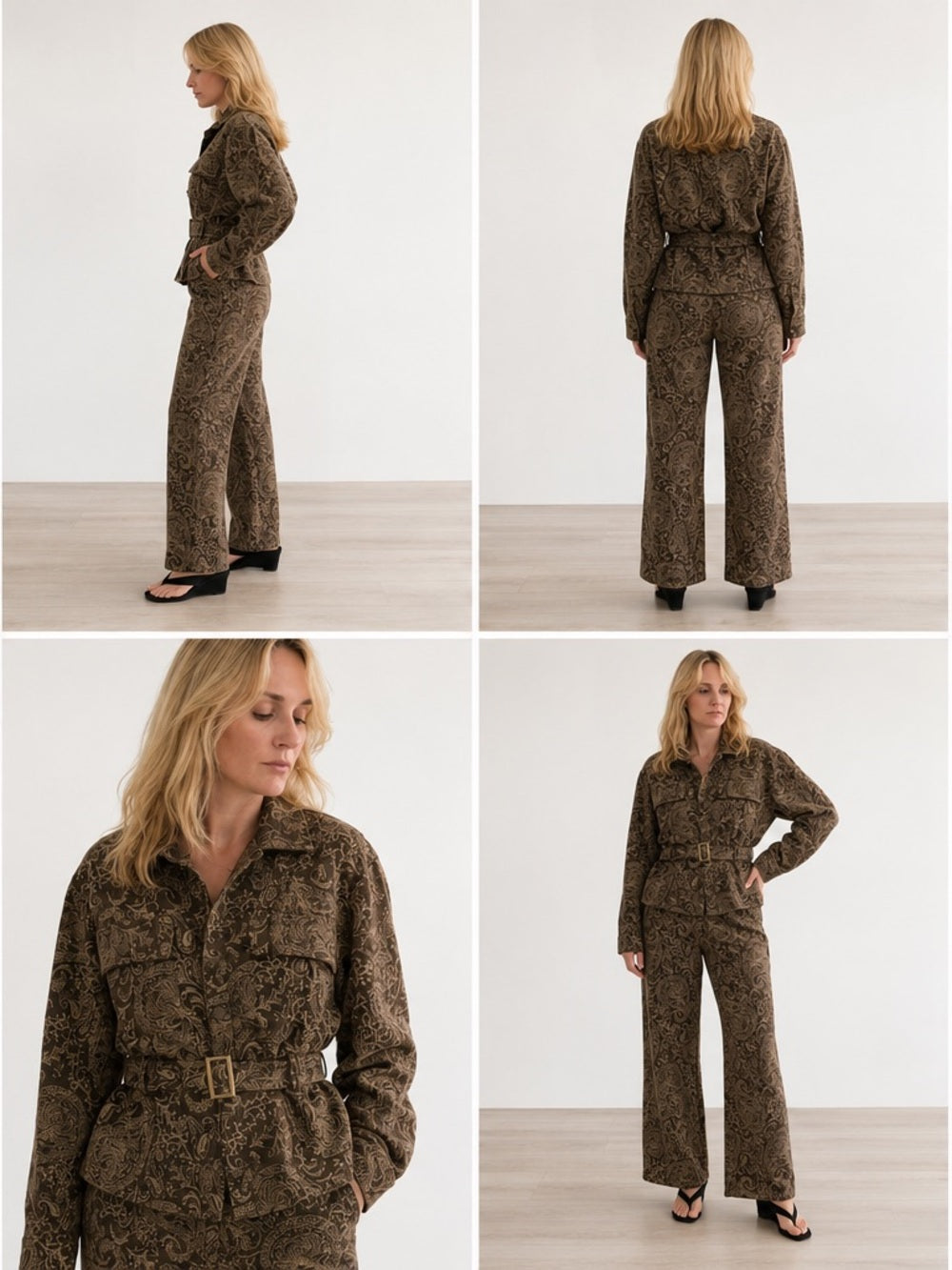 A504 Brown Paisley Belted Utility Jacket & Pants Set