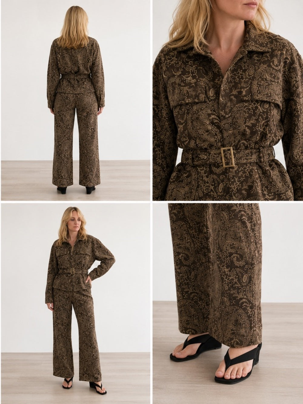 A504 Brown Paisley Belted Utility Jacket & Pants Set