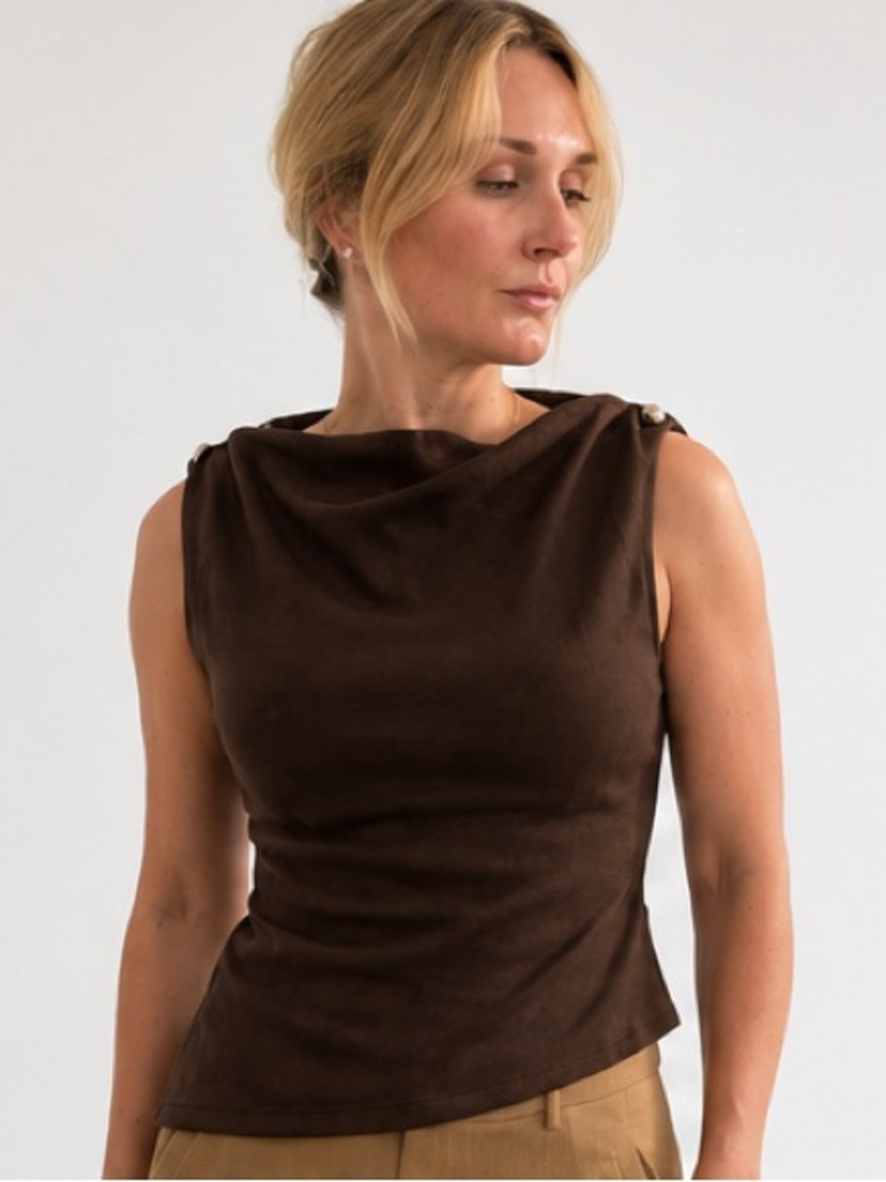A505 Sleeveless Faux Suede Draped Neck Top in Dark Brown