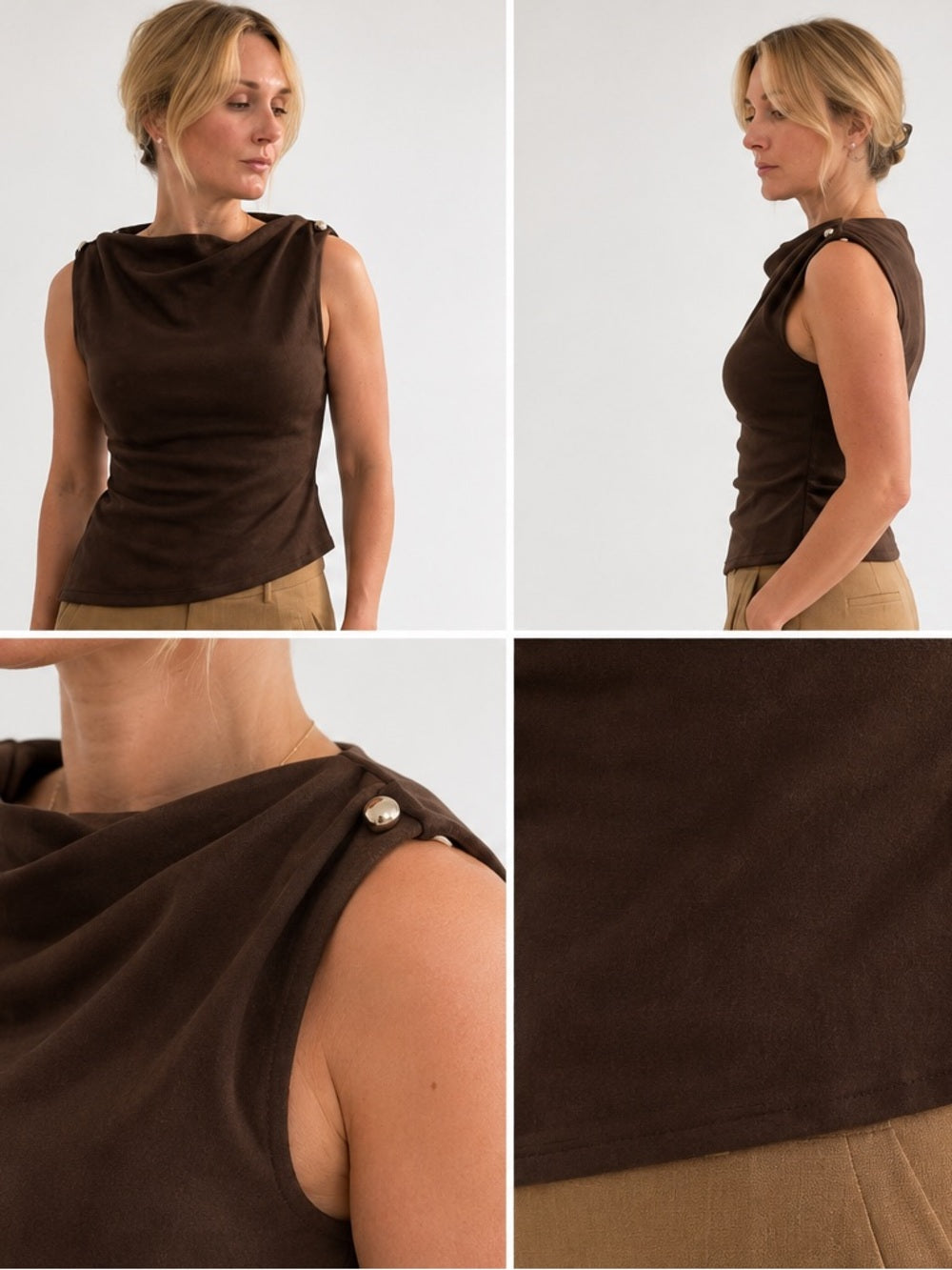 A505 Sleeveless Faux Suede Draped Neck Top in Dark Brown