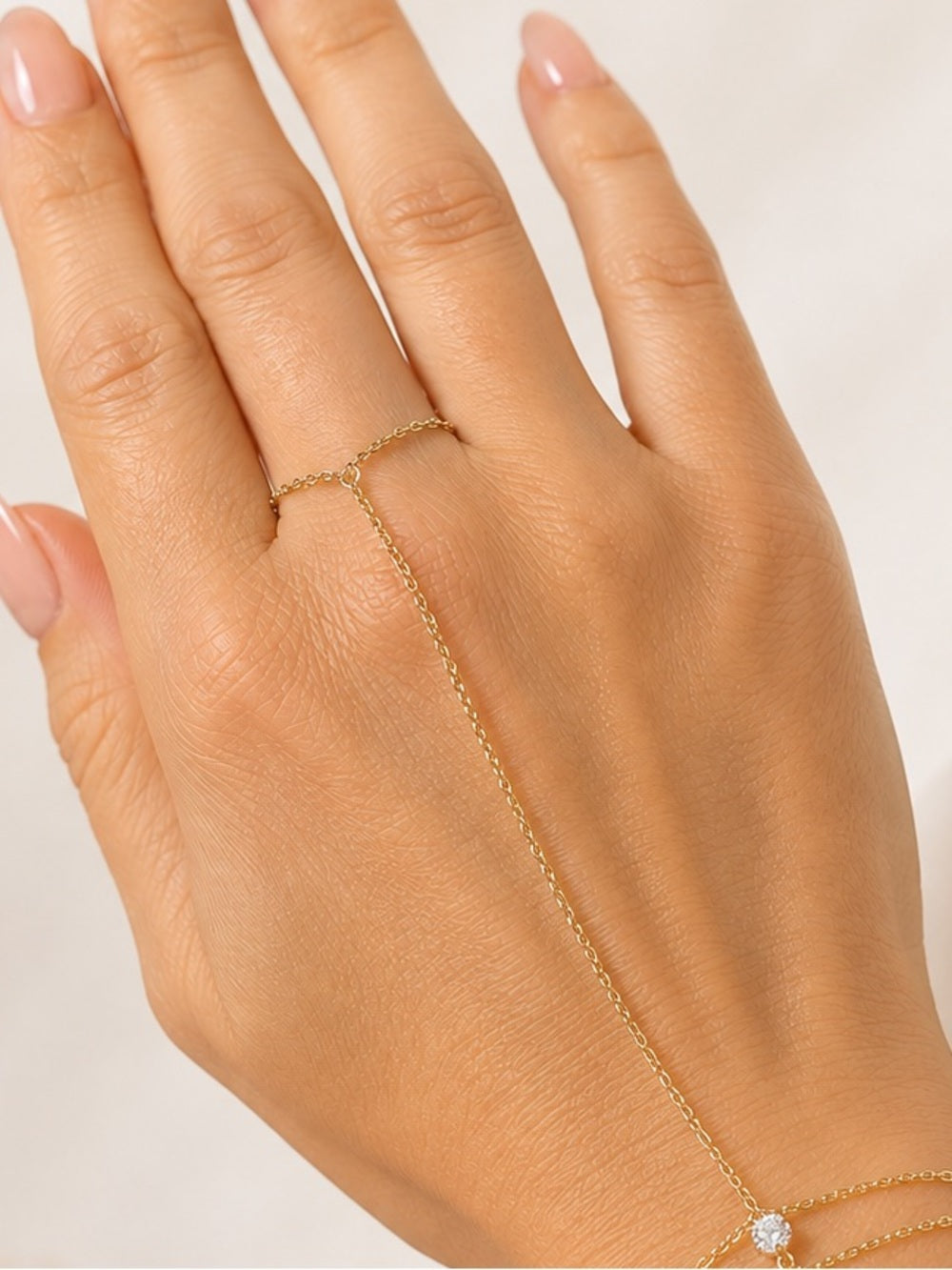 A507 Gold Dipped Stainless Steel Dainty Hand Chain Bracelet Ring w CZ