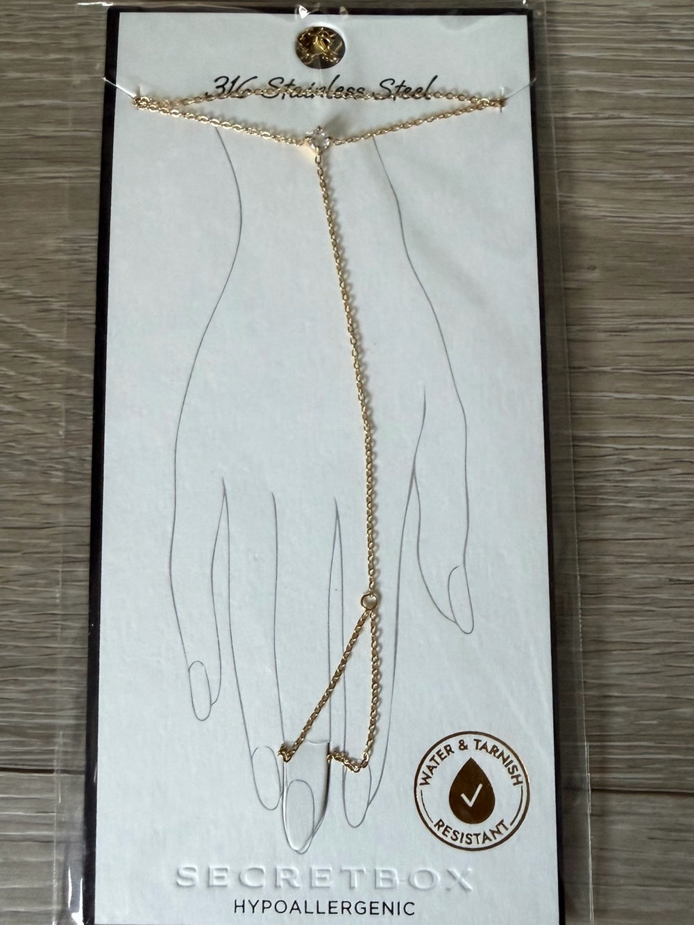 A507 Gold Dipped Stainless Steel Dainty Hand Chain Bracelet Ring w CZ