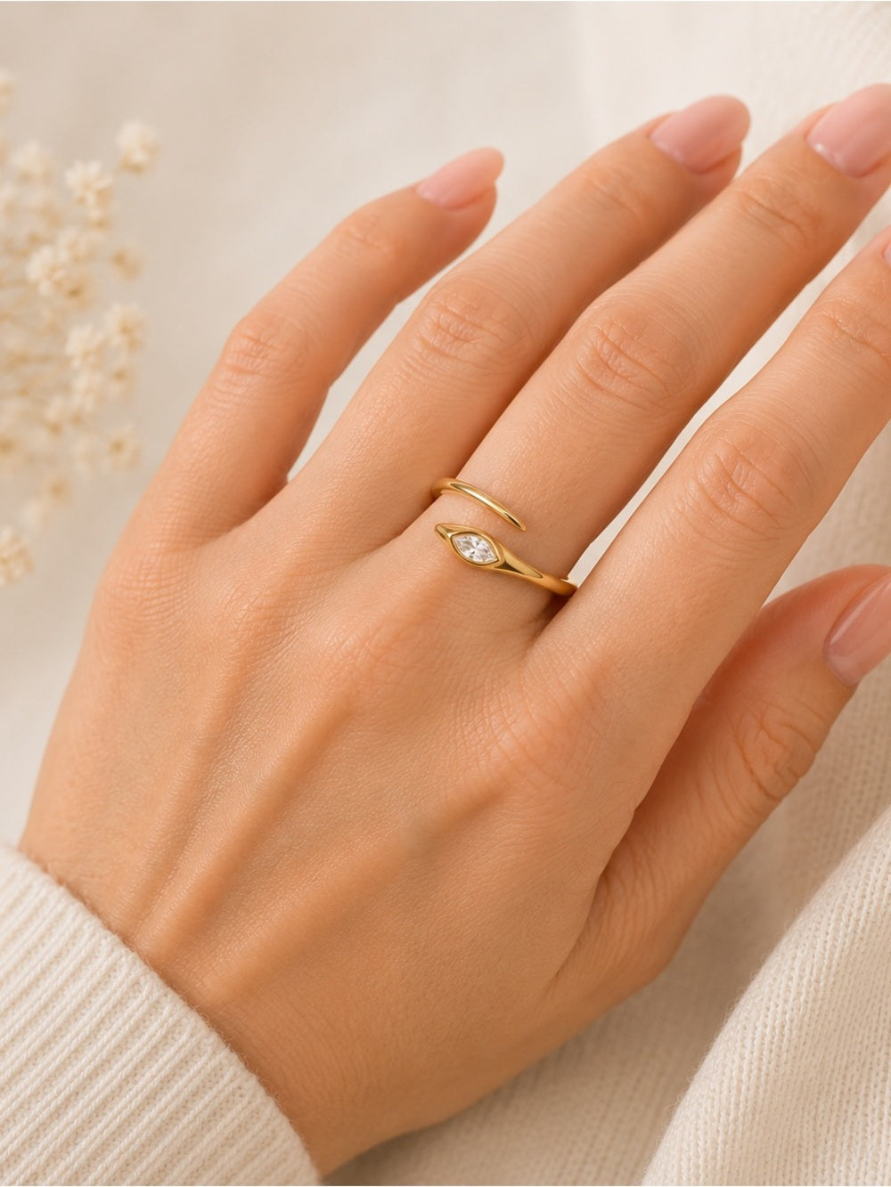 Gold Dipped Stainless Steel Spiral CZ Marquise Stone Ring