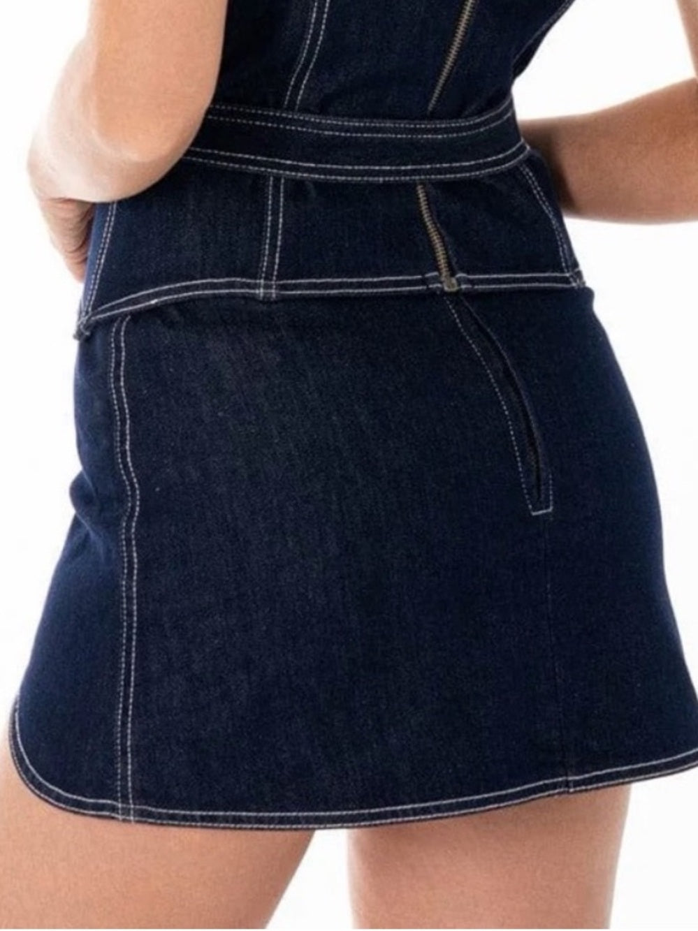 A578b Dark Blue Denim Mini Skirt with Curved Hem
