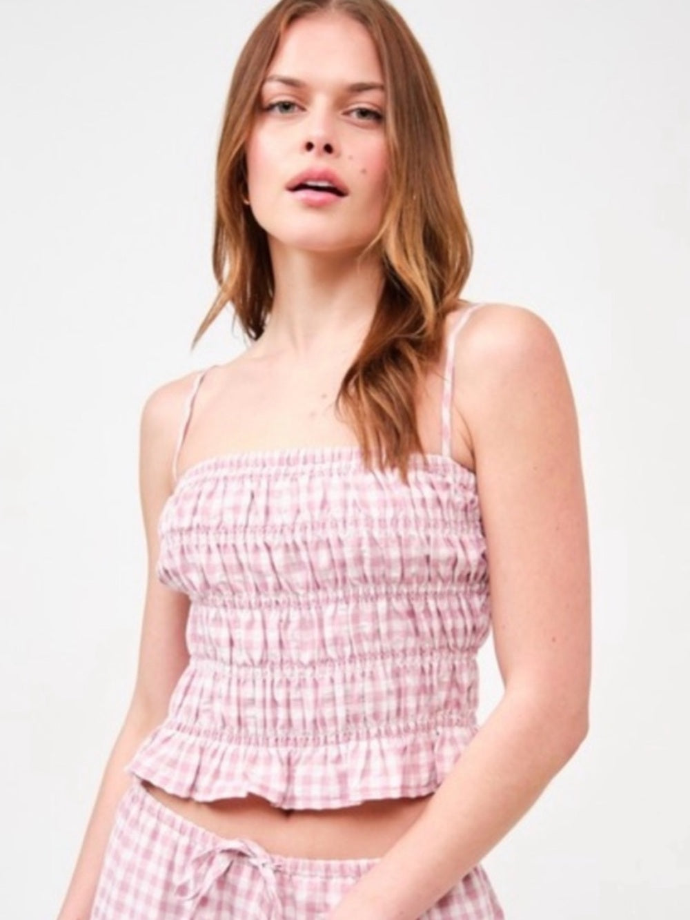A676b Smocked Pink Gingham Cami Top Only