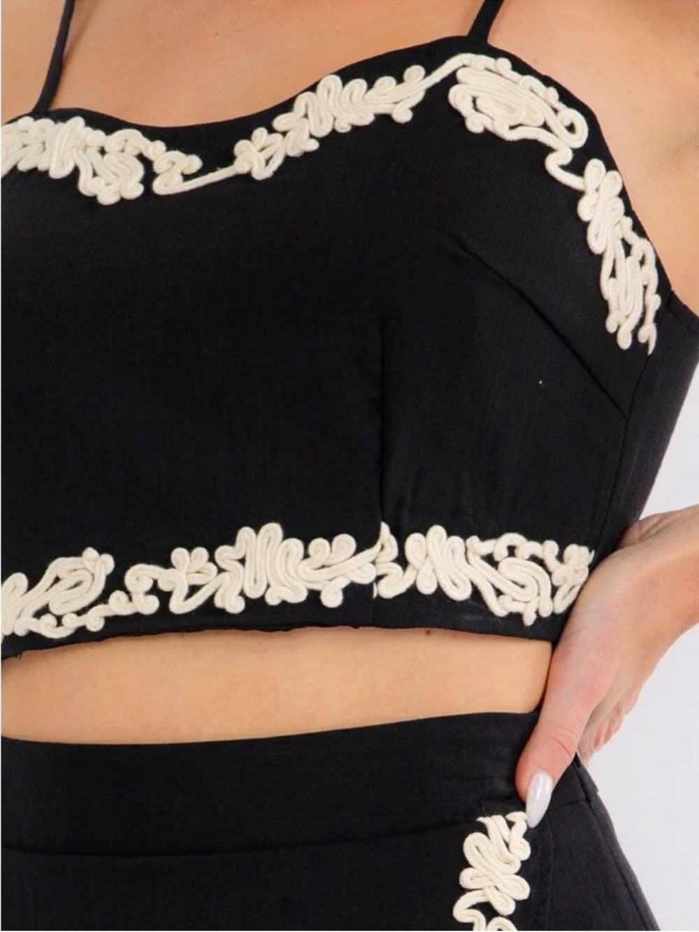 A636b Black Camisole with Cream Lace Appliqué - Women Tops