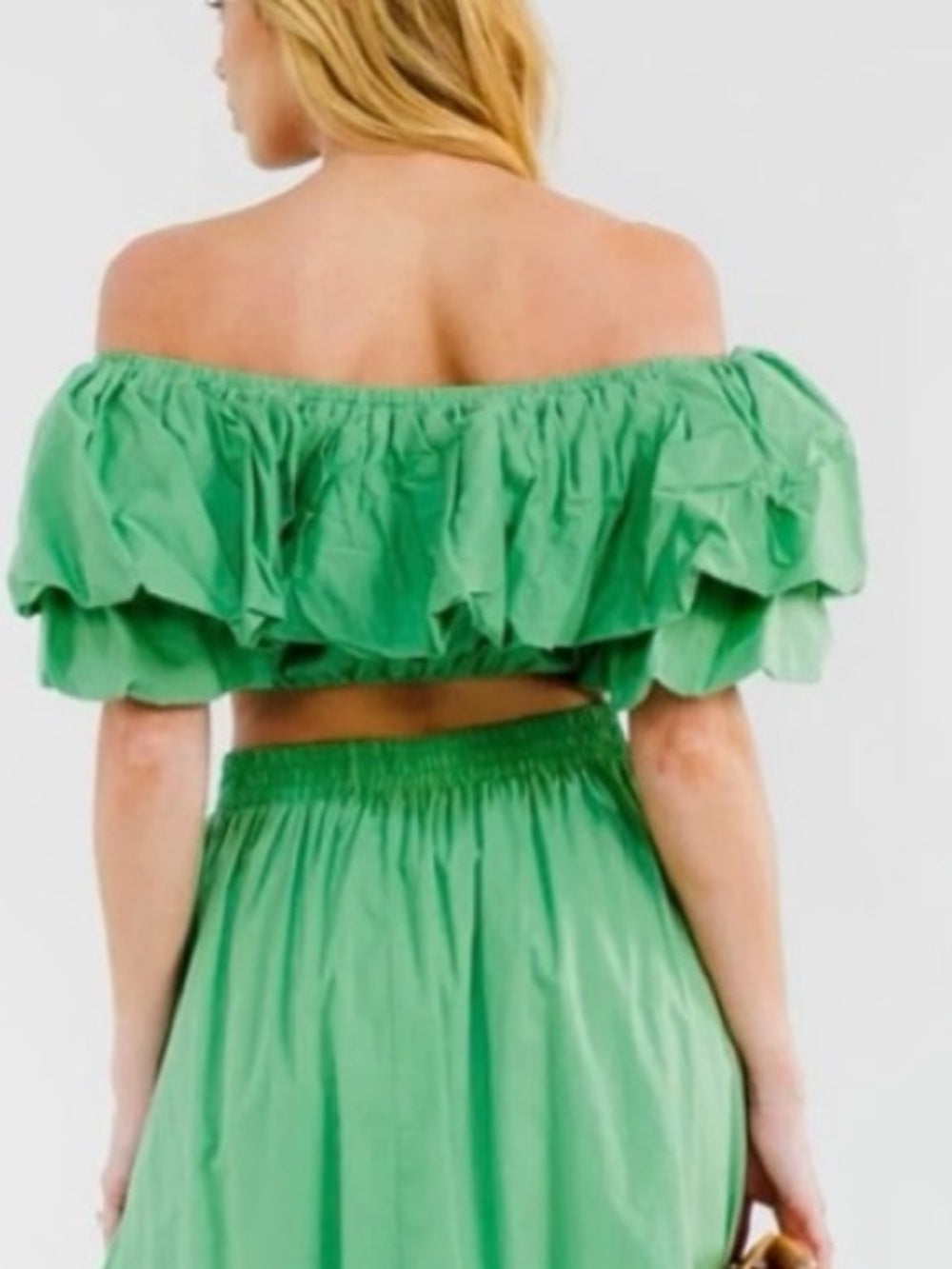A264b Green Off-Shoulder Ruffle Crop Top - Women