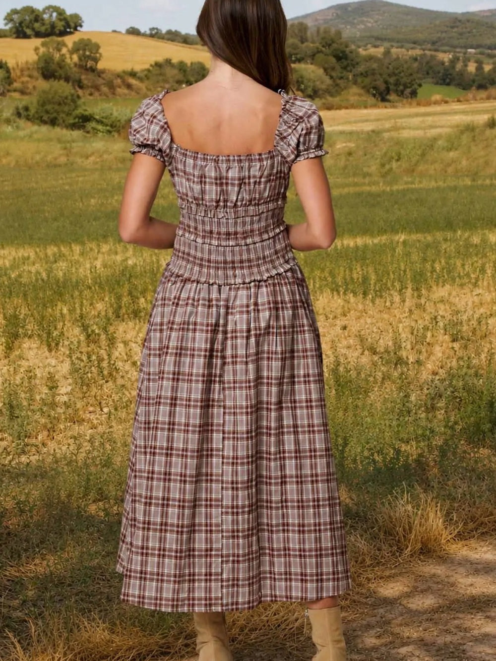 A509 Smocked Plaid Midi Dress with Puff Sleeves - Brown Plaid
