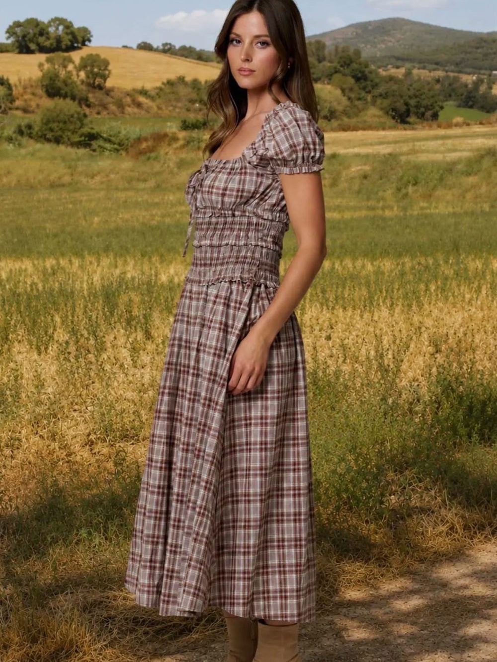 A509 Smocked Plaid Midi Dress with Puff Sleeves - Brown Plaid