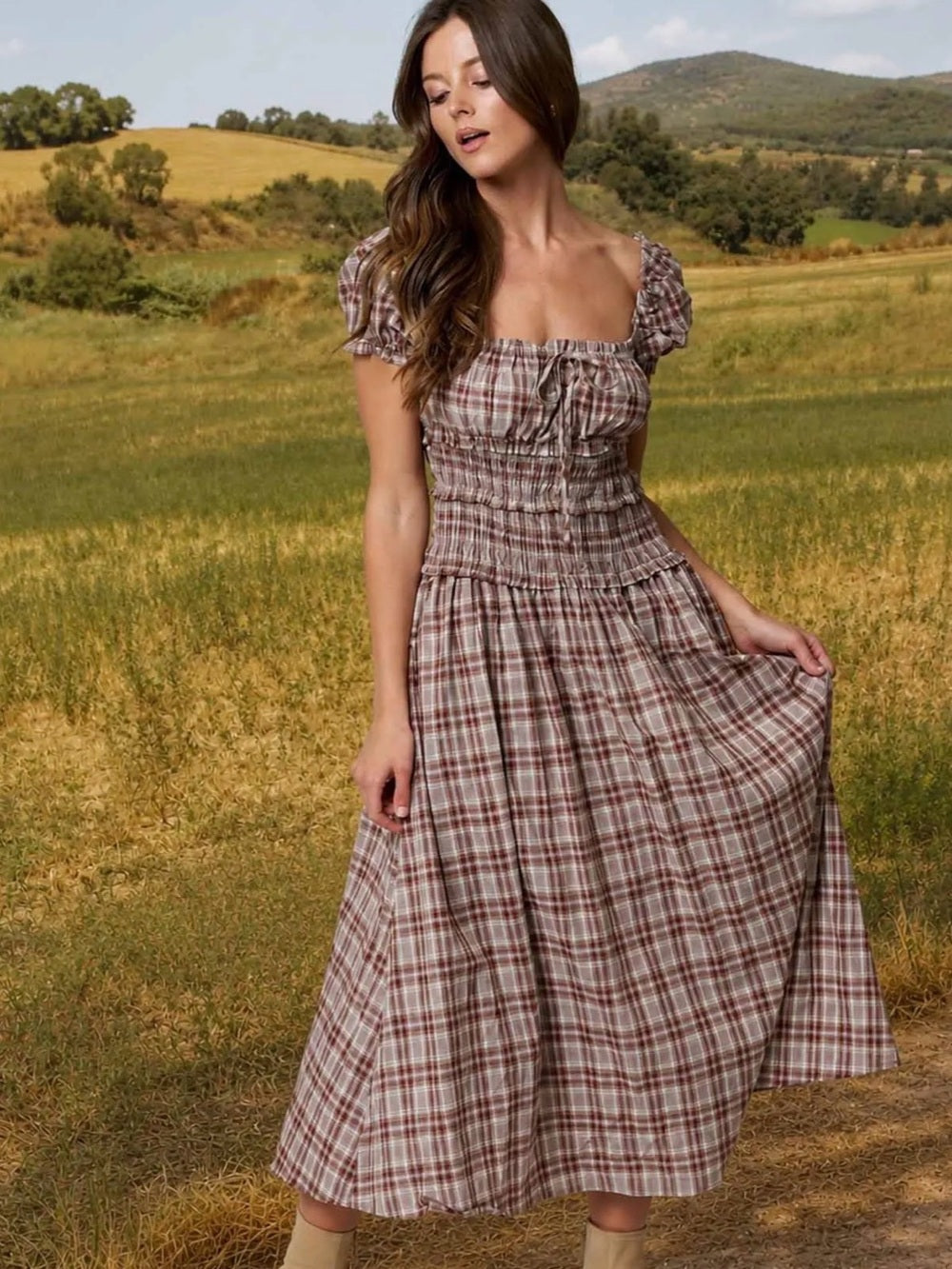 A509 Smocked Plaid Midi Dress with Puff Sleeves - Brown Plaid