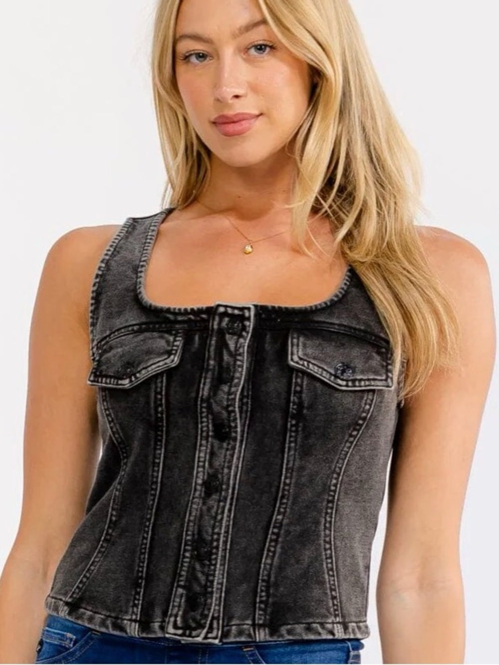 NEW A510 Washed Black Denim Tank Top Vest - Women's Sleeveless Zip Front