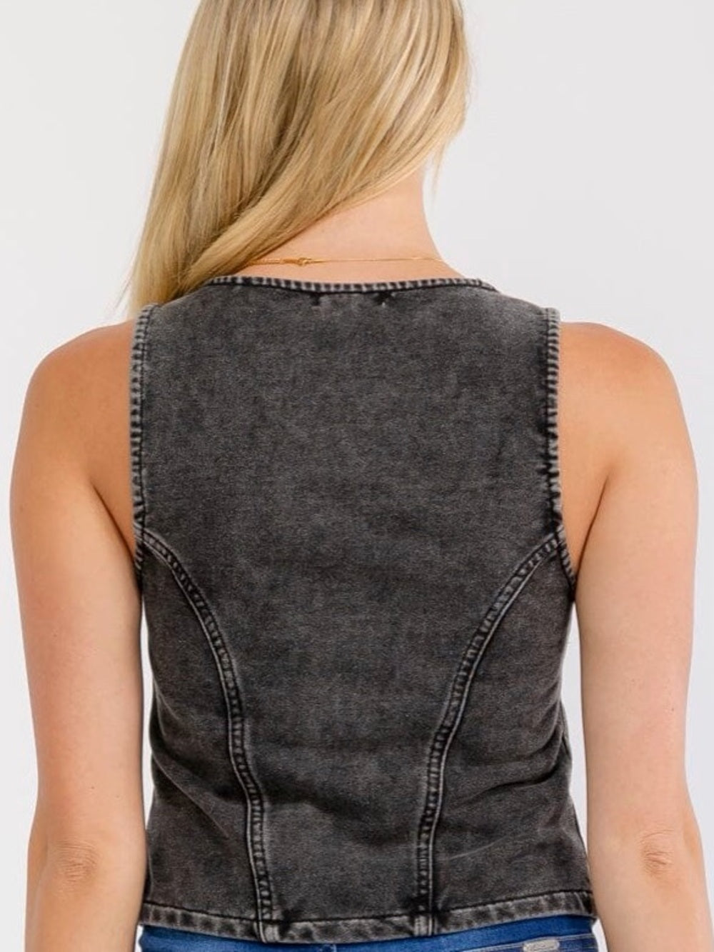 NEW A510 Washed Black Denim Tank Top Vest - Women's Sleeveless Zip Front