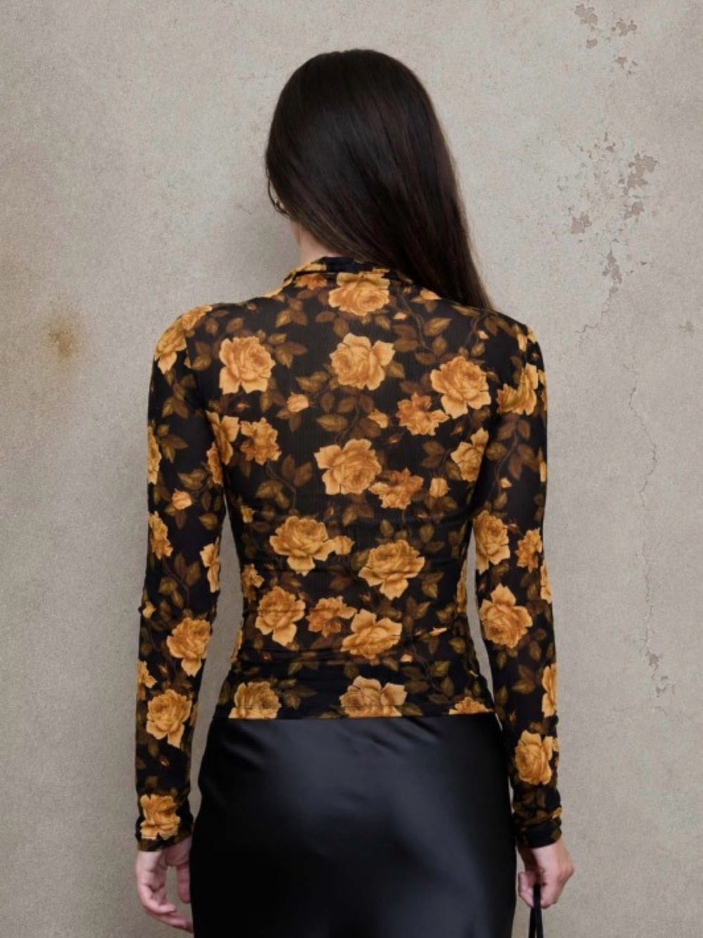 A511. Sheer Mesh Black Floral Long-Sleeve Top with Mustard Rose Print