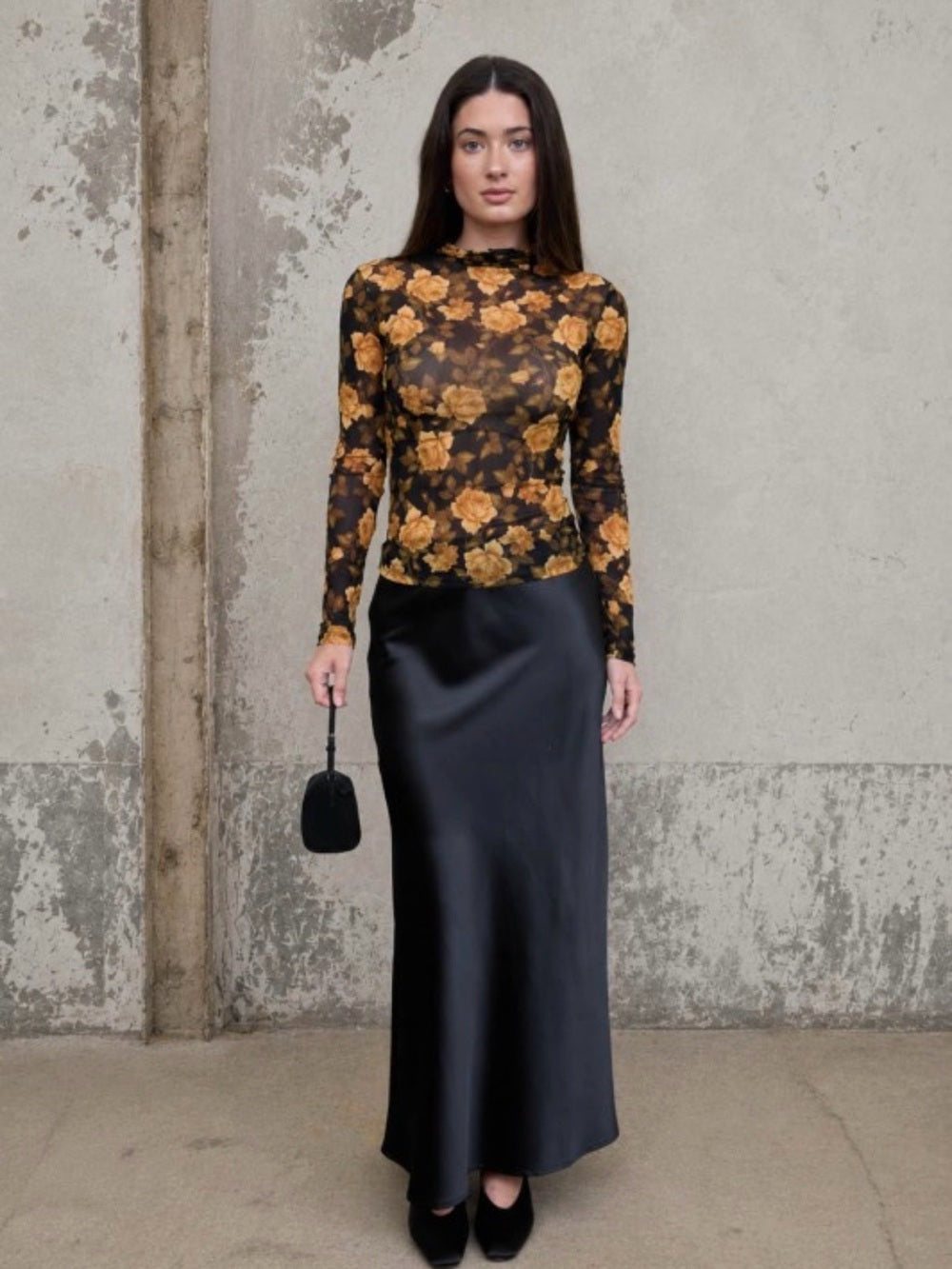 A511. Sheer Mesh Black Floral Long-Sleeve Top with Mustard Rose Print