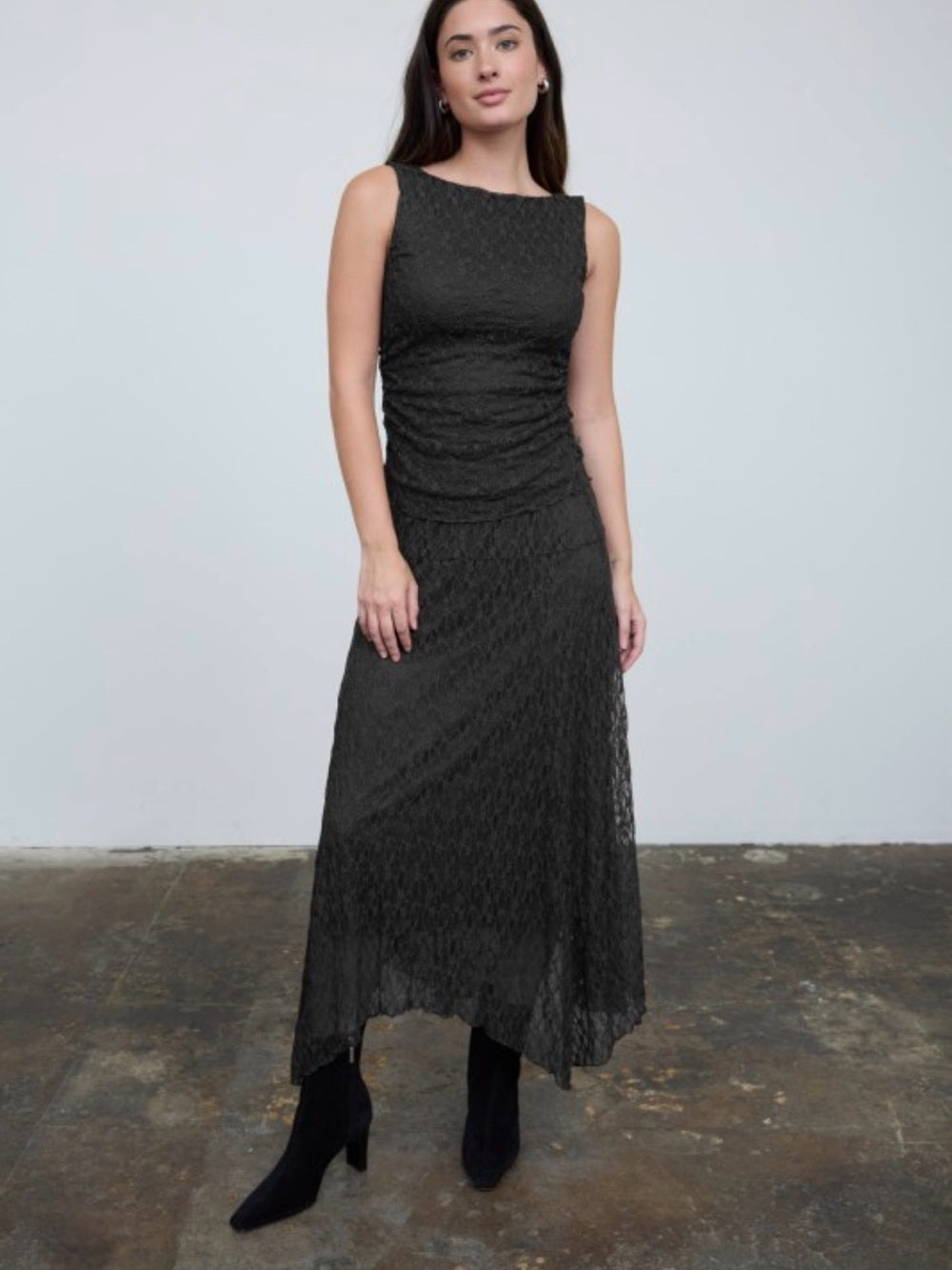 A512 Black Lace Asymmetric Maxi Skirt