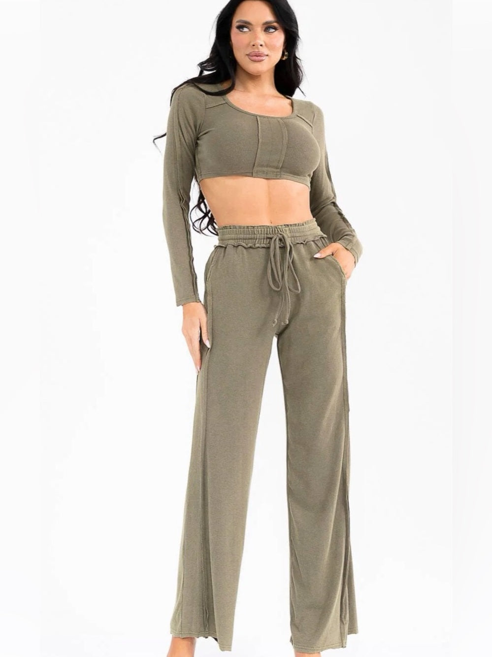 A513 Olive Long-Sleeve Cropped Rib Top & Wide Leg Pant Set