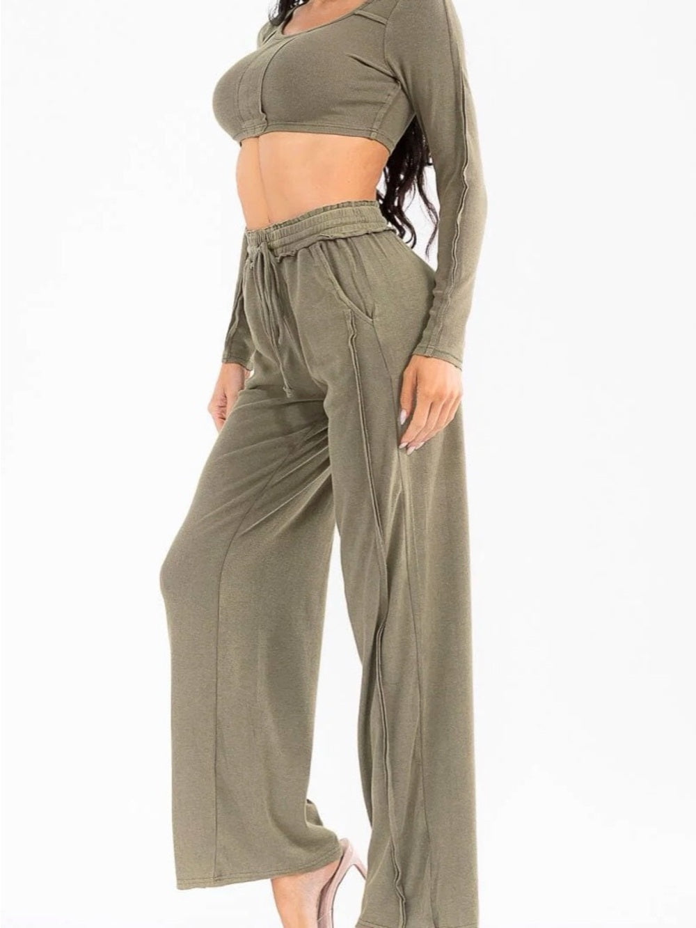 A513 Olive Long-Sleeve Cropped Rib Top & Wide Leg Pant Set