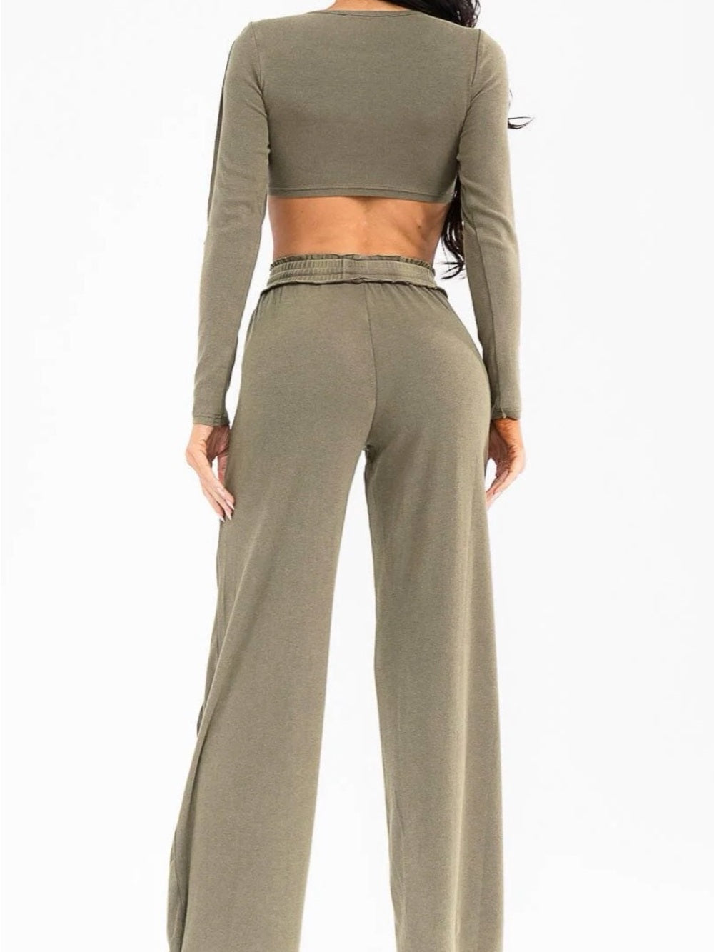 A513 Olive Long-Sleeve Cropped Rib Top & Wide Leg Pant Set