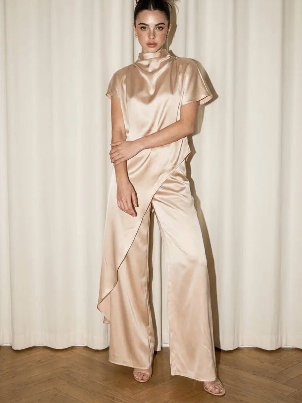 A514 Satin Wide-Leg Pants & Asymmetrical Set in Champagne