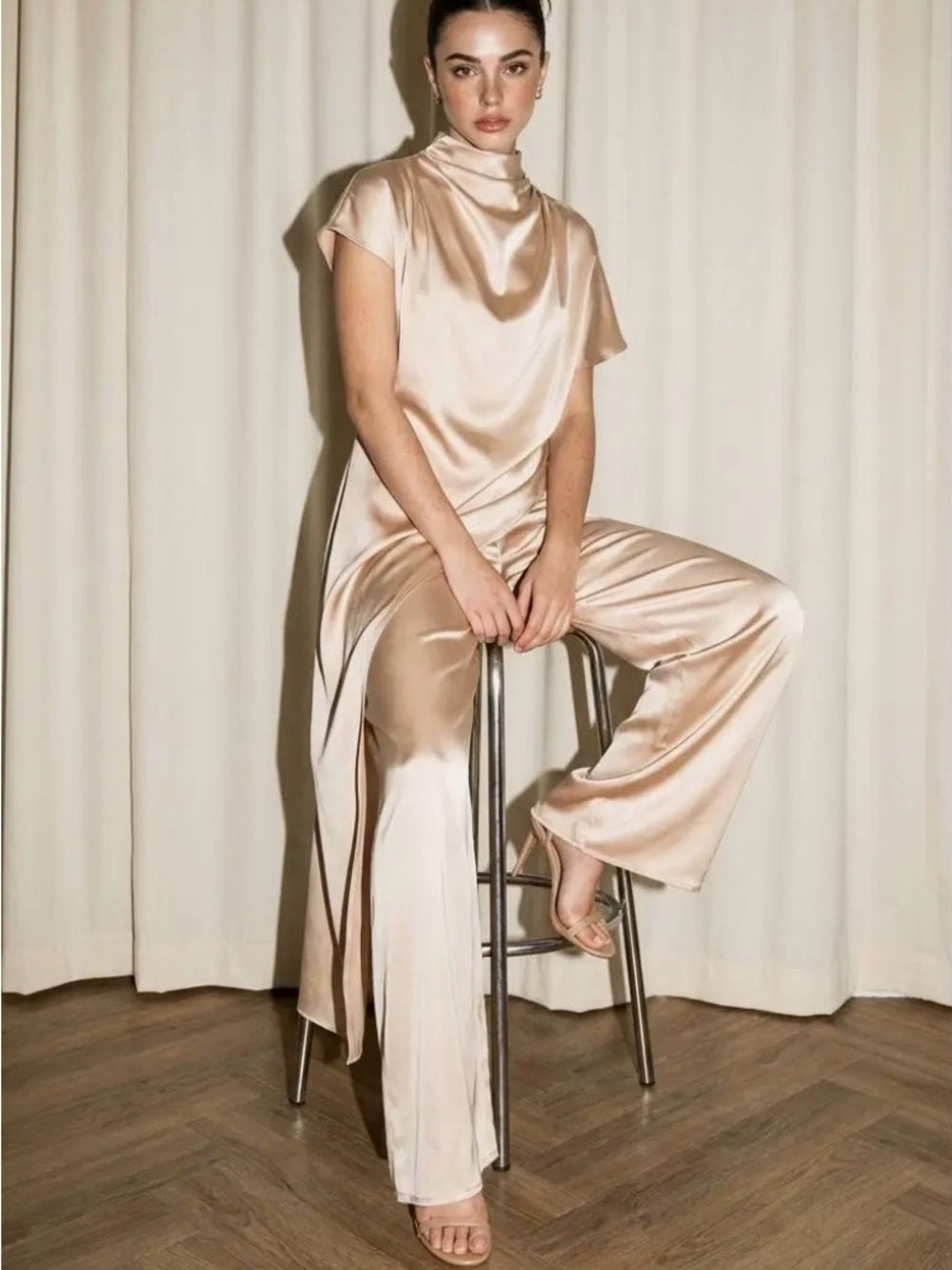 A514 Satin Wide-Leg Pants & Asymmetrical Set in Champagne