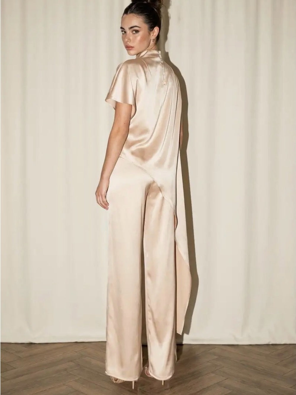 A514 Satin Wide-Leg Pants & Asymmetrical Set in Champagne