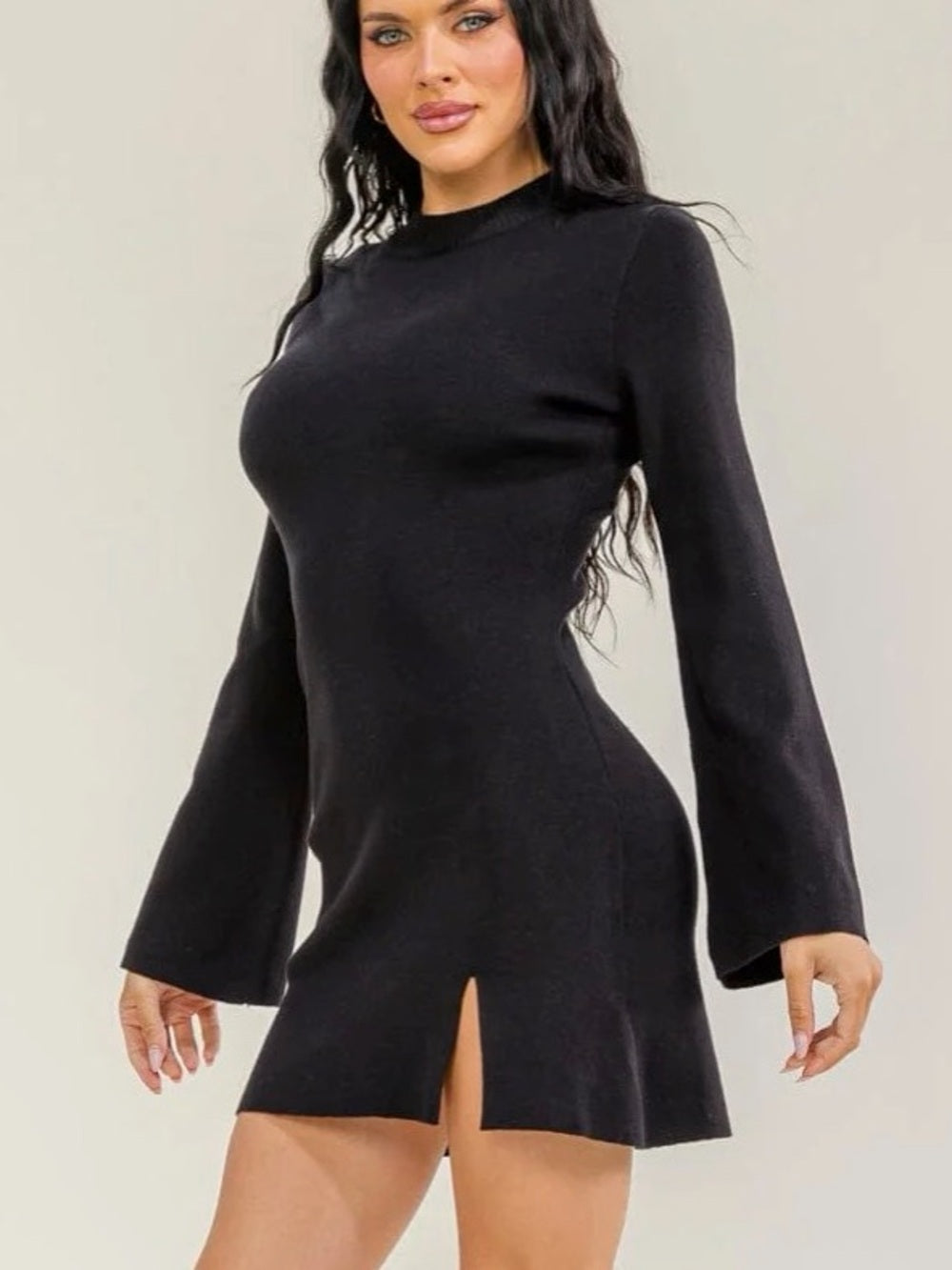 A516 Black Long-Sleeve Knit Mini Dress with Side Slit
