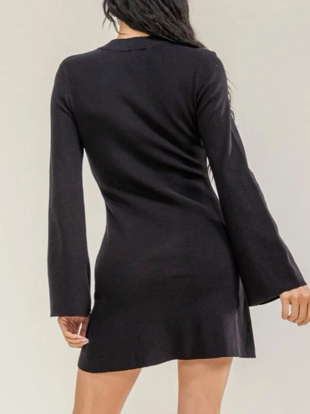 A516 Black Long-Sleeve Knit Mini Dress with Side Slit