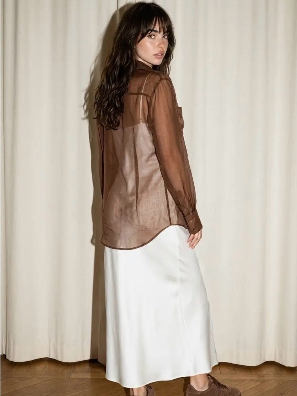A517 Sheer Brown Button-Front Shirt Jacket