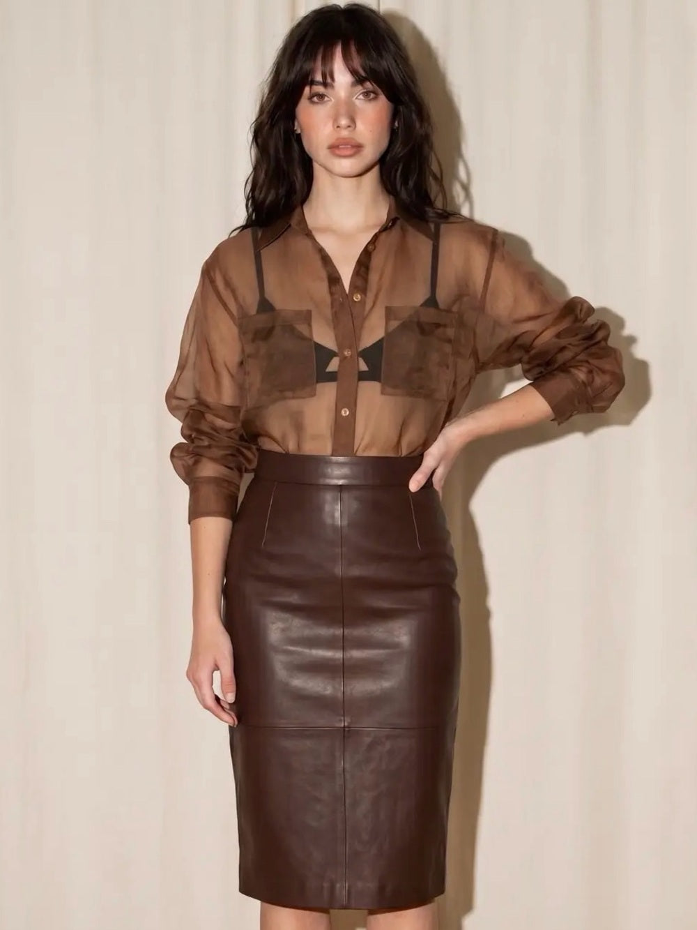 A517 Sheer Brown Button-Front Shirt Jacket