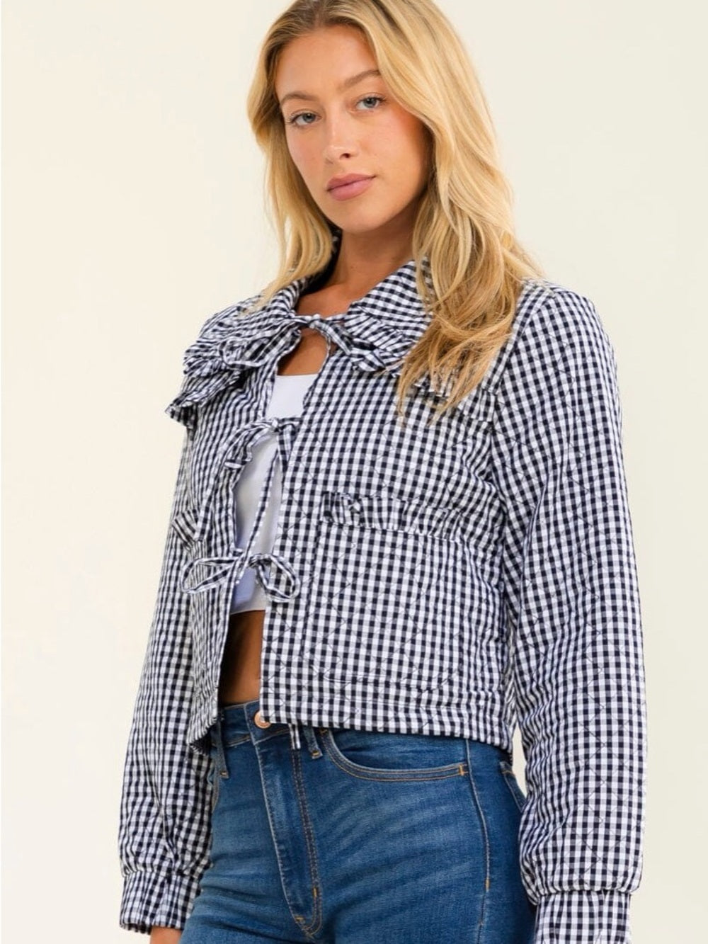 A518 Black & White Gingham Tie-Front Jacket