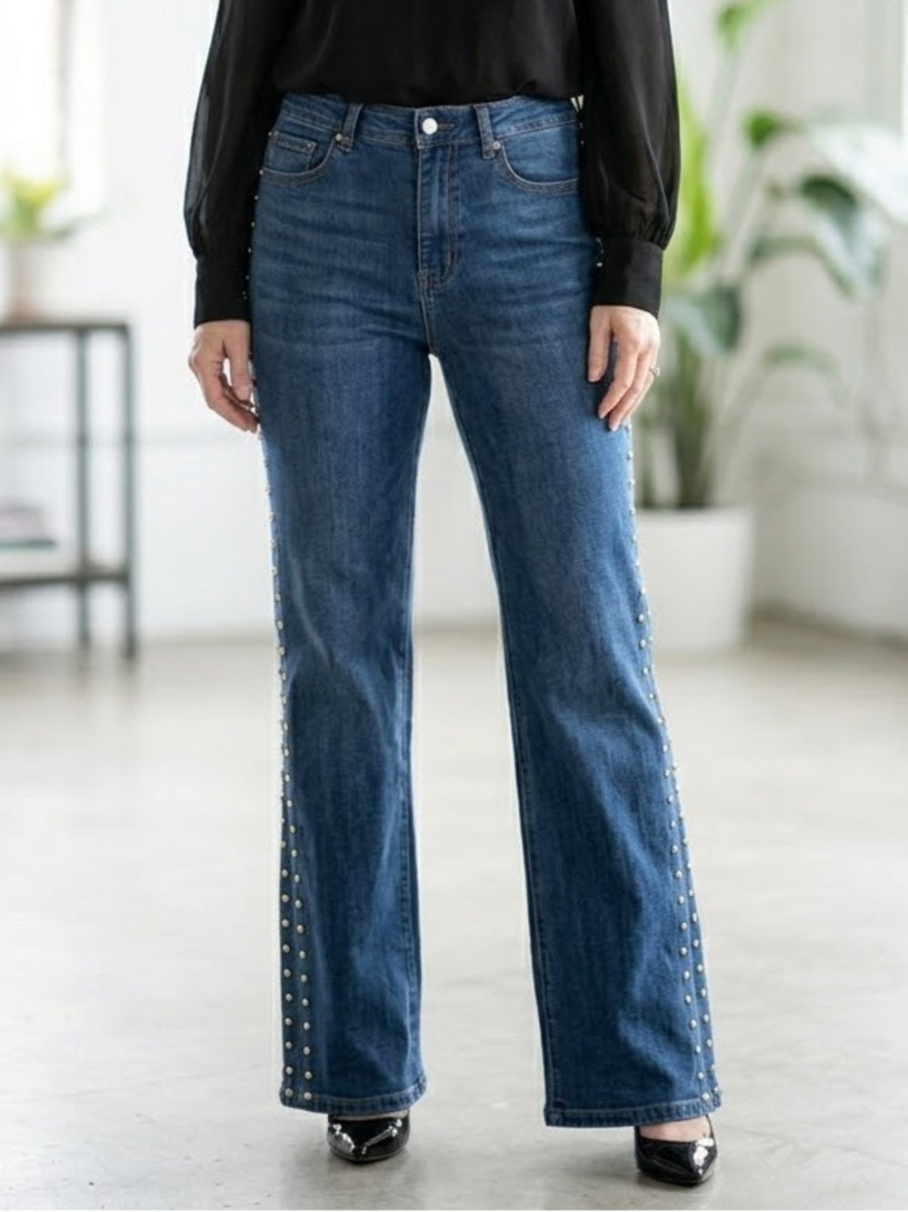 A528. Women’s Mid-Blue Straight-Leg Jeans with Side Stud Detail