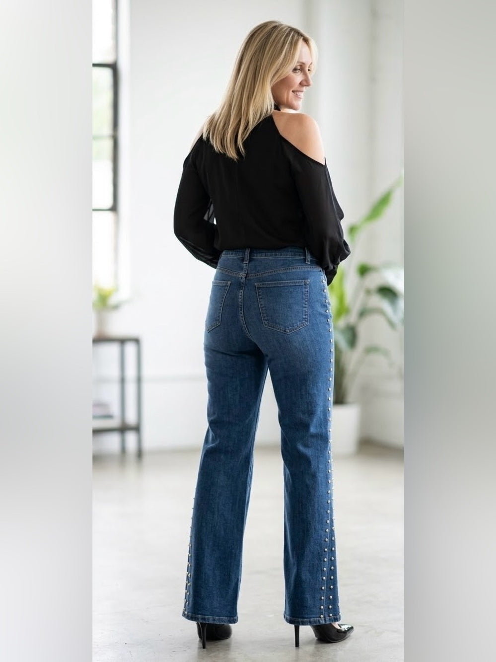 A528. Women’s Mid-Blue Straight-Leg Jeans with Side Stud Detail