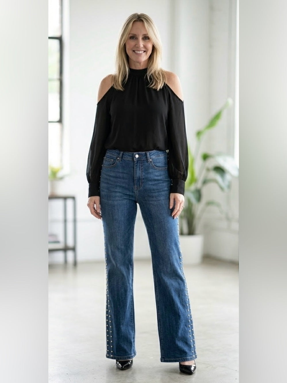 A528. Women’s Mid-Blue Straight-Leg Jeans with Side Stud Detail