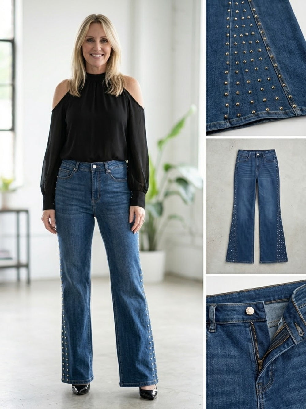 A528. Women’s Mid-Blue Straight-Leg Jeans with Side Stud Detail