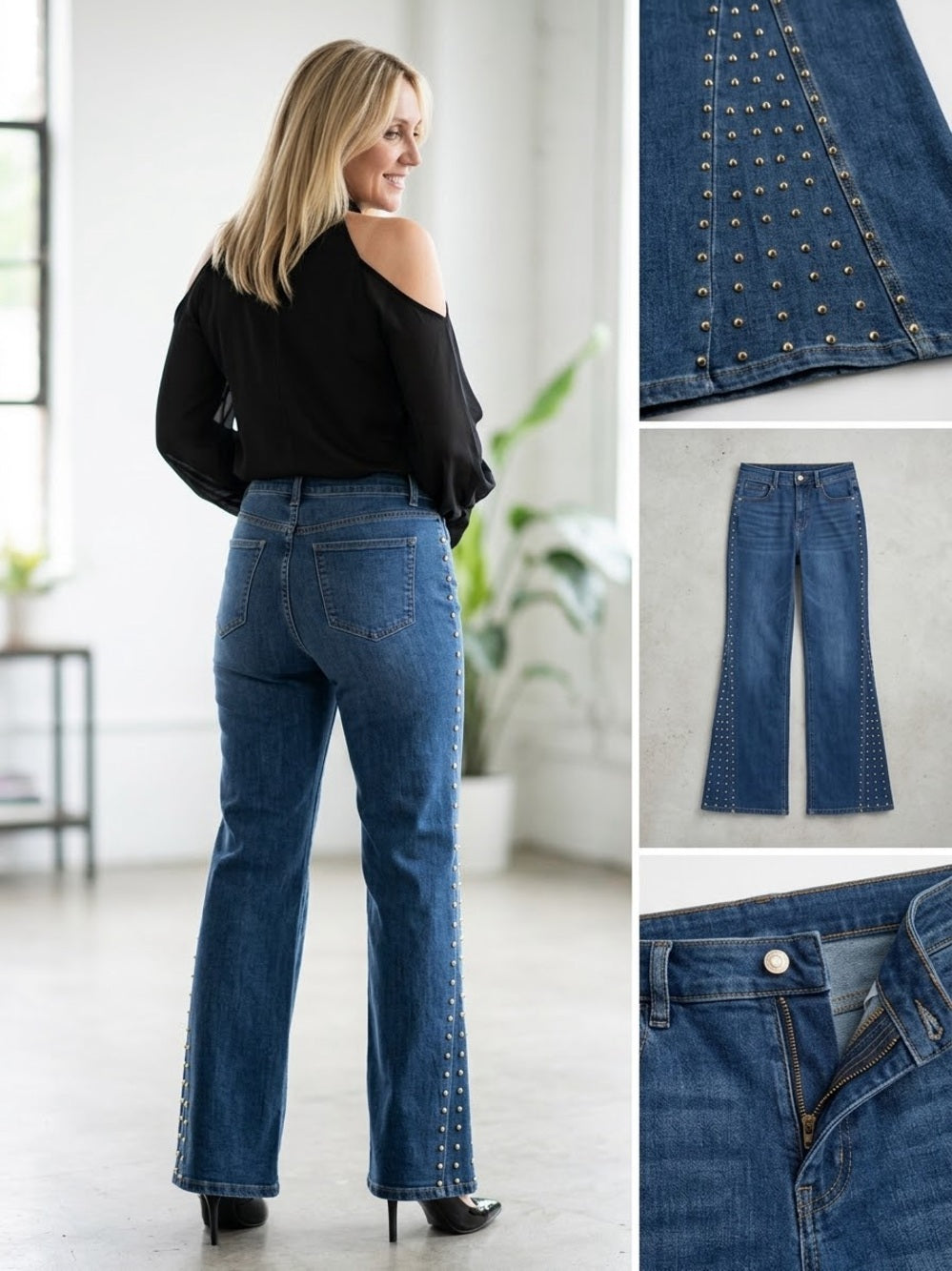 A528. Women’s Mid-Blue Straight-Leg Jeans with Side Stud Detail