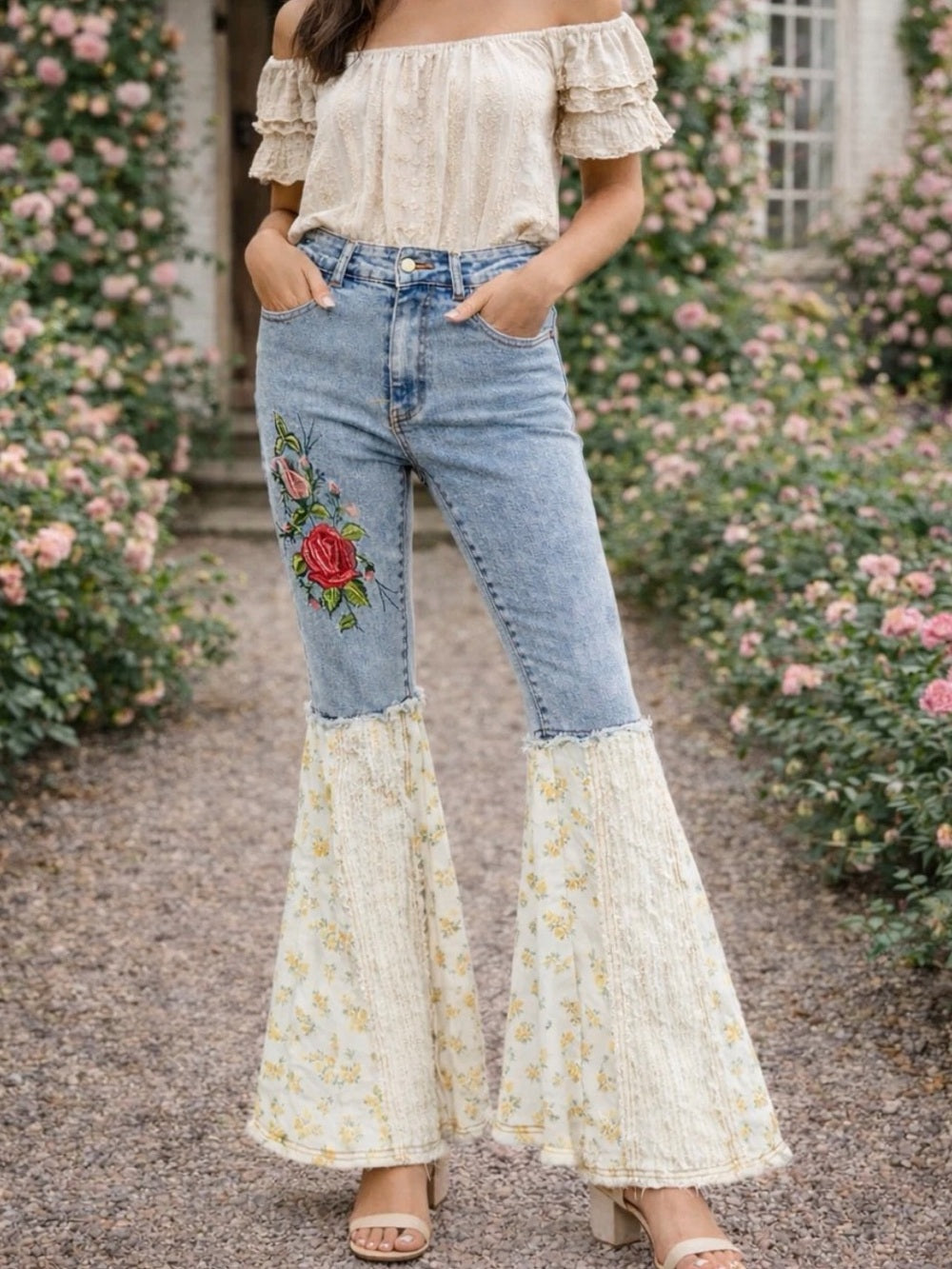 A529 POL Embroidered Light Blue Flare Jeans with Floral Inserts