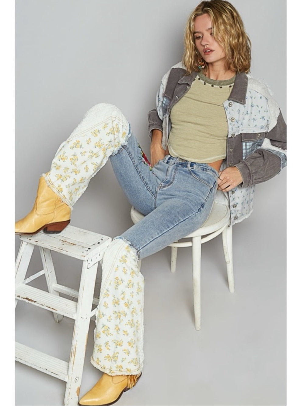 A529 POL Embroidered Light Blue Flare Jeans with Floral Inserts