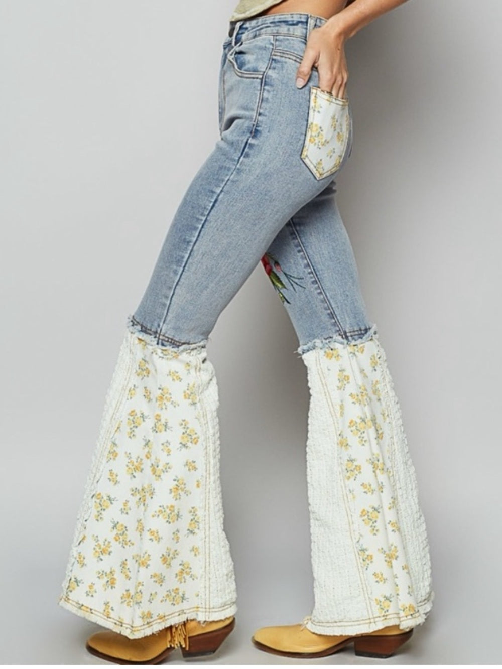 A529 POL Embroidered Light Blue Flare Jeans with Floral Inserts