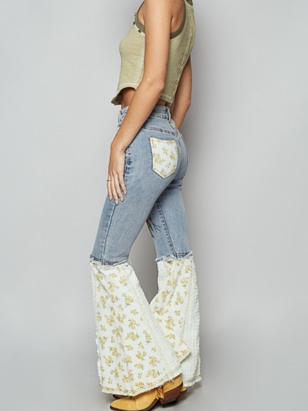 A529 POL Embroidered Light Blue Flare Jeans with Floral Inserts